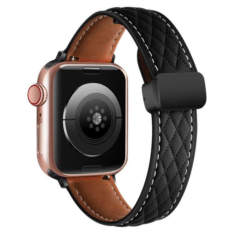 For Apple Watch SE 2023 44mm Folding Buckle Rhombus Leather Watch Band(Black) - Watch Bands by PMC TechLife | Online Shopping South Africa | PMC TechLife