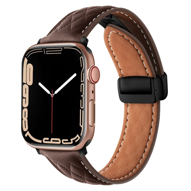 For Apple Watch SE 2023 44mm Folding Buckle Rhombus Leather Watch Band(Coffee) - Watch Bands by PMC TechLife | Online Shopping South Africa | PMC TechLife