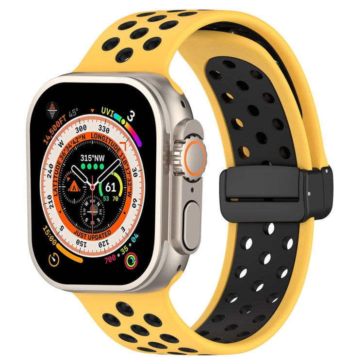 For Apple Watch SE 2023 44mm Magnetic Buckle Silicone Watch Band(Yellow Black) - Watch Bands by PMC TechLife | Online Shopping South Africa | PMC TechLife