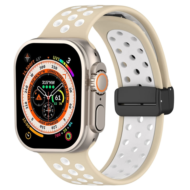 For Apple Watch SE 2023 44mm Magnetic Buckle Silicone Watch Band(Khaki White) - Watch Bands by PMC TechLife | Online Shopping South Africa | PMC TechLife