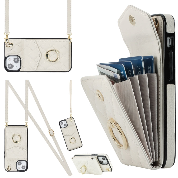 For iPhone 14 Plus Rhombic Texture Card Bag Phone Case with Long Lanyard(White) - iPhone 14 Plus Cases by PMC TechLife | Online Shopping South Africa | PMC TechLife | Buy Now Pay Later Mobicred
