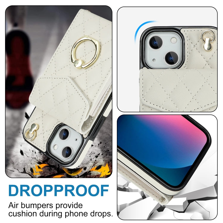For iPhone 14 Plus Rhombic Texture Card Bag Phone Case with Long Lanyard(White) - iPhone 14 Plus Cases by PMC TechLife | Online Shopping South Africa | PMC TechLife | Buy Now Pay Later Mobicred