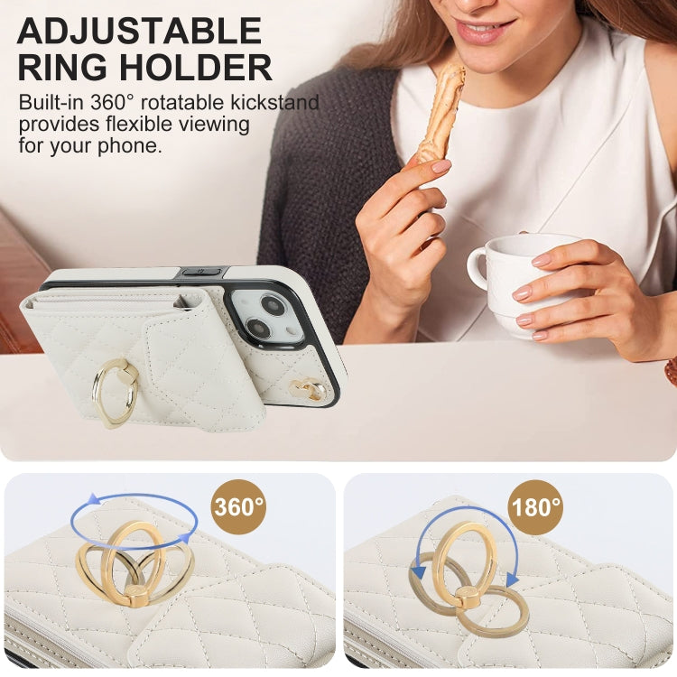 For iPhone 14 Plus Rhombic Texture Card Bag Phone Case with Long Lanyard(White) - iPhone 14 Plus Cases by PMC TechLife | Online Shopping South Africa | PMC TechLife | Buy Now Pay Later Mobicred