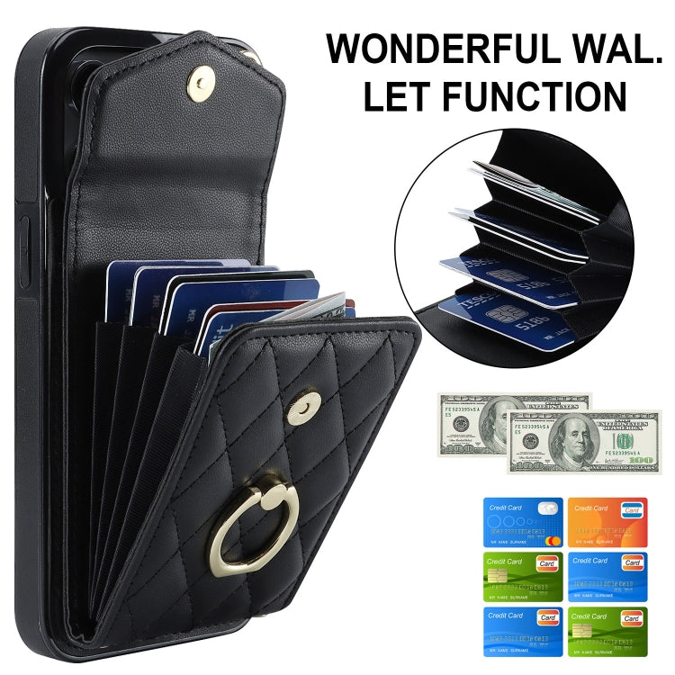 For iPhone 15 Rhombic Texture Card Bag Phone Case with Long Lanyard(Black) - iPhone 15 Cases by PMC TechLife | Online Shopping South Africa | PMC TechLife | Buy Now Pay Later Mobicred