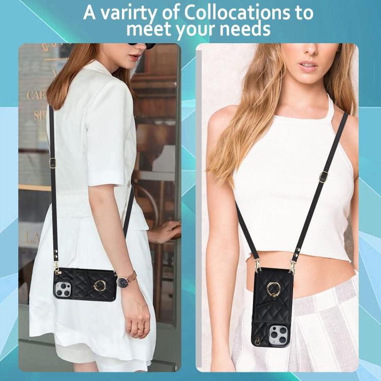 For iPhone 15 Rhombic Texture Card Bag Phone Case with Long Lanyard(Black) - iPhone 15 Cases by PMC TechLife | Online Shopping South Africa | PMC TechLife | Buy Now Pay Later Mobicred