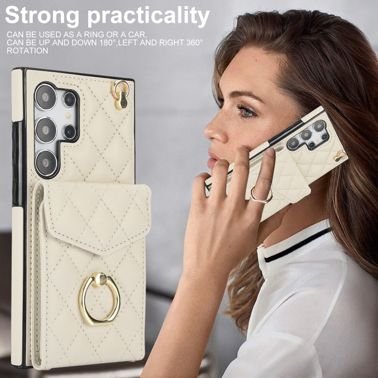 For Samsung Galaxy S24 Ultra 5G Rhombic Texture Card Bag Phone Case with Long Lanyard(White) - free shipping - PMC TechLife - Order now!
