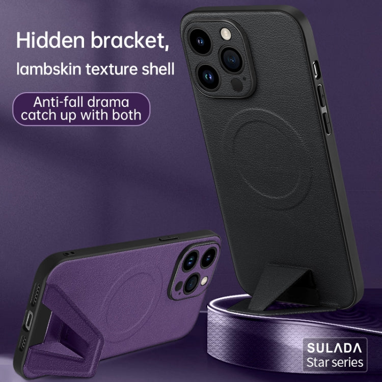 For iPhone 14 Plus SULADA Folding Holder Lambskin Texture MagSafe Phone Case(Red) - free shipping - PMC TechLife - Order now!