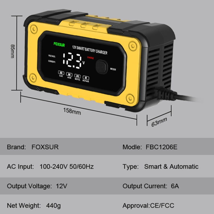FOXSUR FBC1206E 6A 12V Car / Motorcycle Smart Battery Charger(EU Plug) - Battery Charger by FOXSUR | Online Shopping South Africa | PMC TechLife | Buy Now Pay Later Mobicred