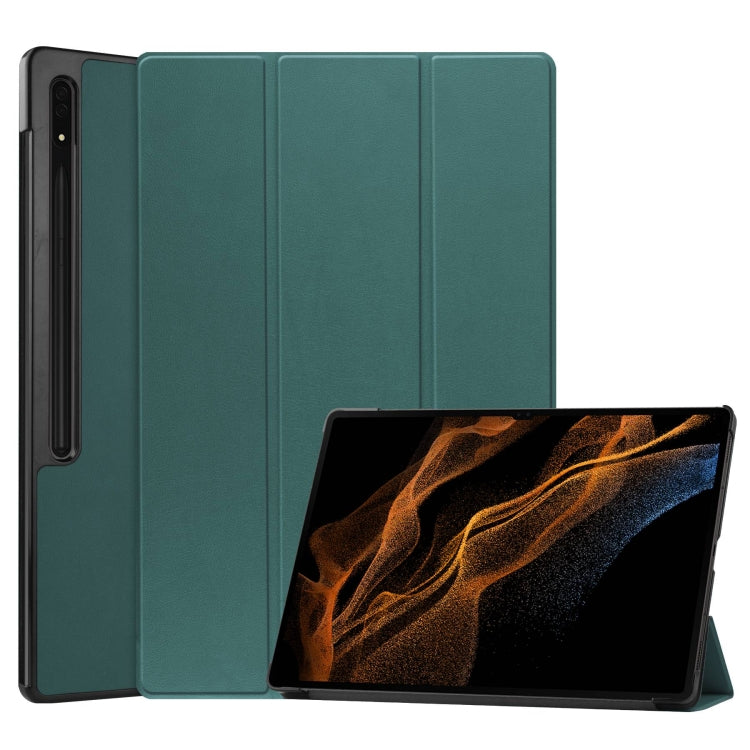 For Samsung Galaxy Tab S10 Ultra / S9 Ultra Custer Pure Color 3-Fold Holder Smart Leather Tablet Case(Dark Green) - free shipping - PMC TechLife - Order now!