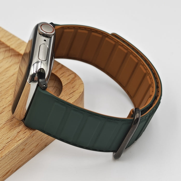 For Apple Watch 9 41mm Reverse Buckle Magnetic Silicone Watch Band(Black Buckle Green Brown) - Watch Bands by PMC TechLife | Online Shopping South Africa | PMC TechLife