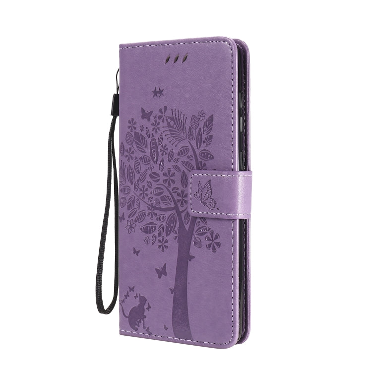 For Samsung Galaxy A31 Tree & Cat Embossed Pattern Horizontal Flip Leather Case with Holder & Card Slots & Wallet & Lanyard(Light Purple) - free shipping - PMC TechLife - Order now!