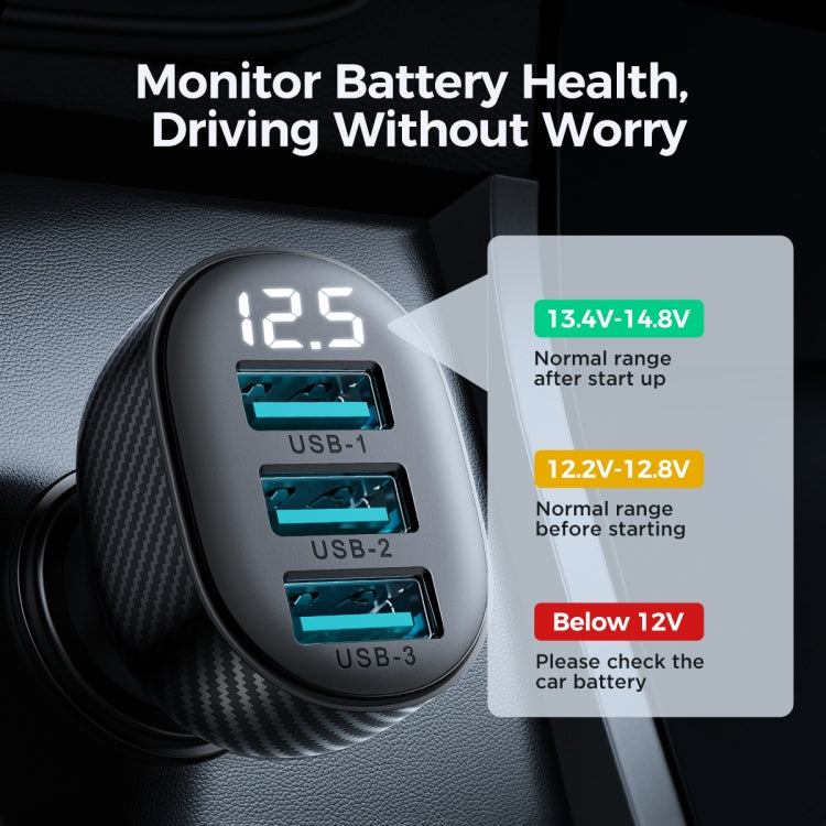 JOYROOM JR-CCD03 3.4A 3 x USB Ports Digital Display Car Charger(Black) - Car Charger by JOYROOM | Online Shopping South Africa | PMC TechLife | Buy Now Pay Later Mobicred