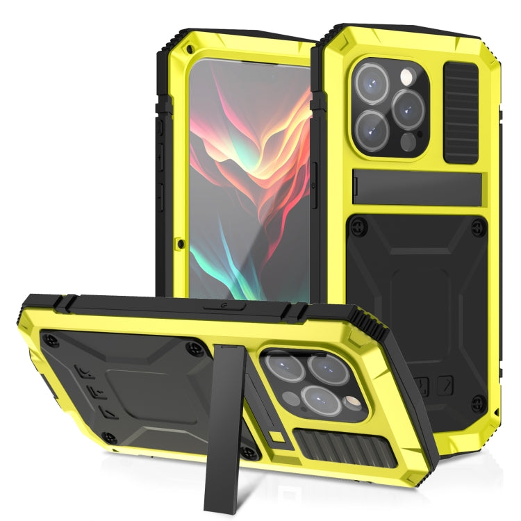 For iPhone 15 Pro R-JUST Shockproof Life Waterproof Dust-proof Metal + Silicone Phone Case with Holder(Yellow) - iPhone 15 Pro Cases by R-JUST | Online Shopping South Africa | PMC TechLife | Buy Now Pay Later Mobicred