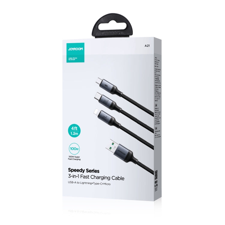 JOYROOM A21 100W USB to 8 Pin+Type-C+Micro USB 3 in 1 Charging Cable, Length: 1.2m(Black) - Multifunction Cable by JOYROOM | Online Shopping South Africa | PMC TechLife | Buy Now Pay Later Mobicred