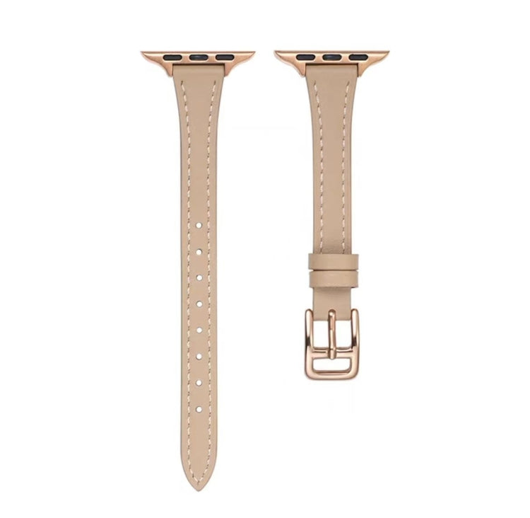 For Apple Watch 9 41mm T-shaped Slim Genuine Leather Watch Band(Apricot) - Watch Bands by PMC TechLife | Online Shopping South Africa | PMC TechLife