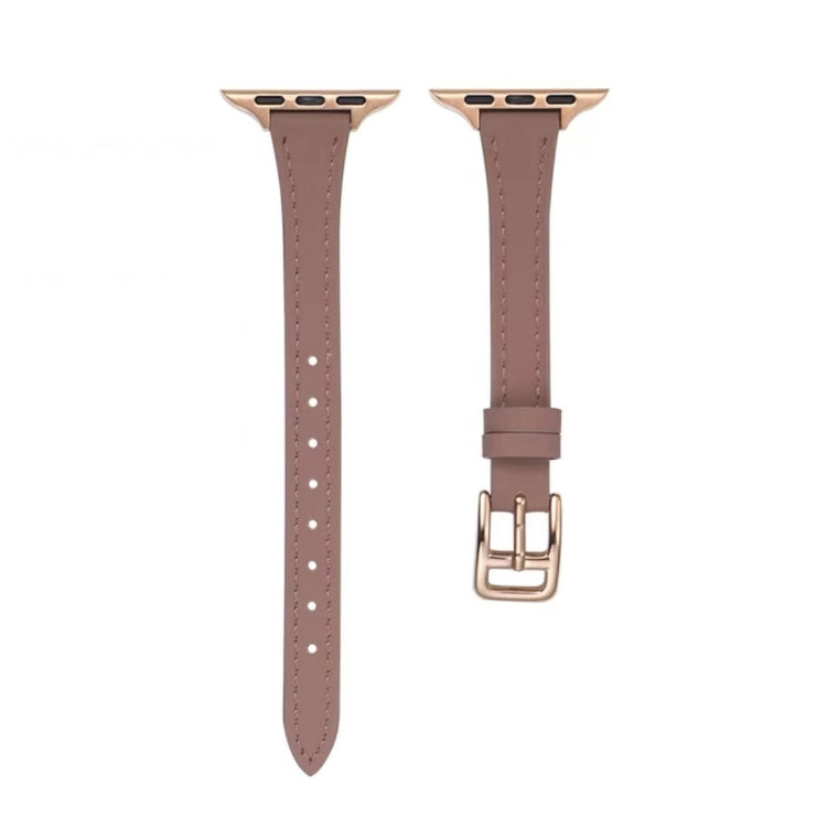 For Apple Watch SE 2023 44mm T-shaped Slim Genuine Leather Watch Band(Light Brown) - Watch Bands by PMC TechLife | Online Shopping South Africa | PMC TechLife