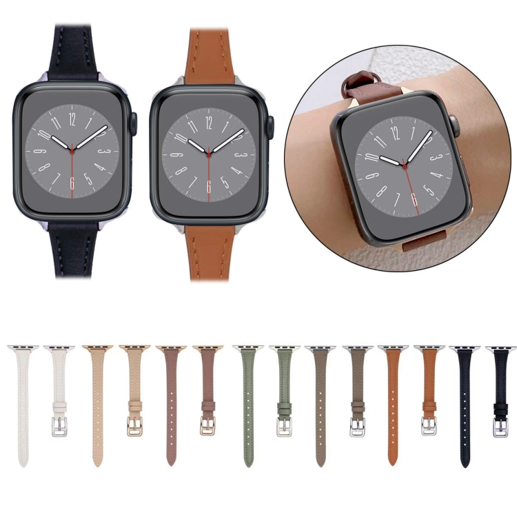 For Apple Watch 9 45mm T-shaped Slim Genuine Leather Watch Band(Light Brown) - Watch Bands by PMC TechLife | Online Shopping South Africa | PMC TechLife