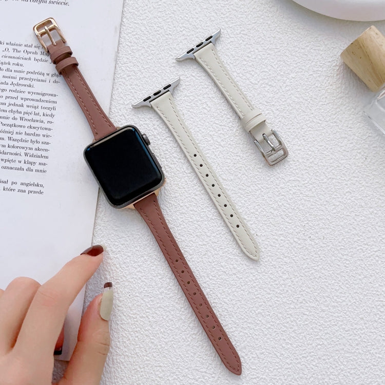 For Apple Watch 9 41mm T-shaped Slim Genuine Leather Watch Band(Light Brown) - Watch Bands by PMC TechLife | Online Shopping South Africa | PMC TechLife