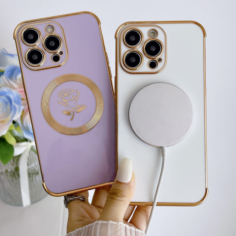 For iPhone 15 Pro Electroplate Side Roses Flower MagSafe Phone Case(White) - free shipping - PMC TechLife - Order now!