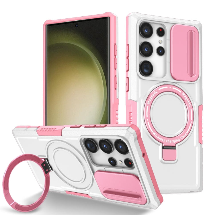 For Samsung Galaxy S23 Ultra 5G Sliding Camshield Magsafe Holder TPU Hybrid PC Phone Case(Pink White) - Galaxy S23 Ultra 5G Cases by PMC TechLife | Online Shopping South Africa | PMC TechLife
