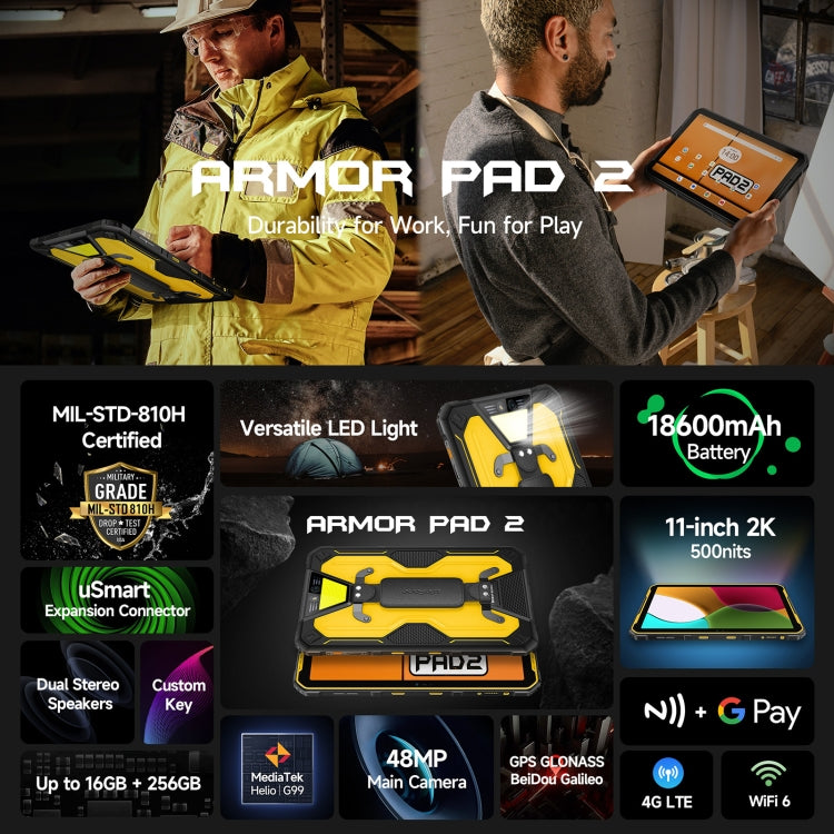 Ulefone Armor Pad 2 Rugged Tablet PC, 16GB+256GB 11 inch Android 13 MediaTek Helio G99 Octa Core 4G Network EU Plug(Yellow) - free shipping - PMC TechLife - Order now!