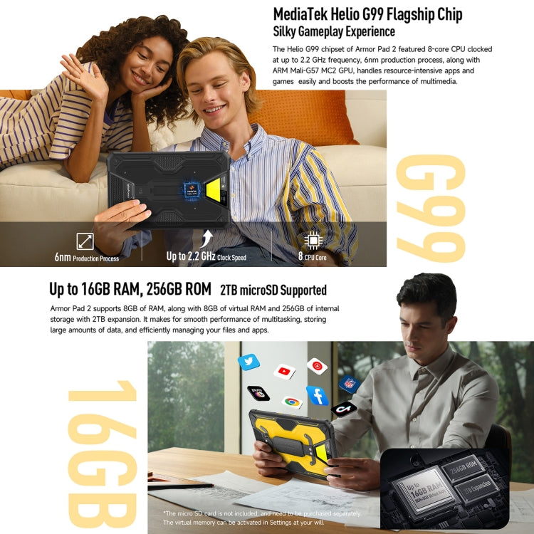 Ulefone Armor Pad 2 Rugged Tablet PC, 16GB+256GB 11 inch Android 13 MediaTek Helio G99 Octa Core 4G Network EU Plug(Yellow) - free shipping - PMC TechLife - Order now!