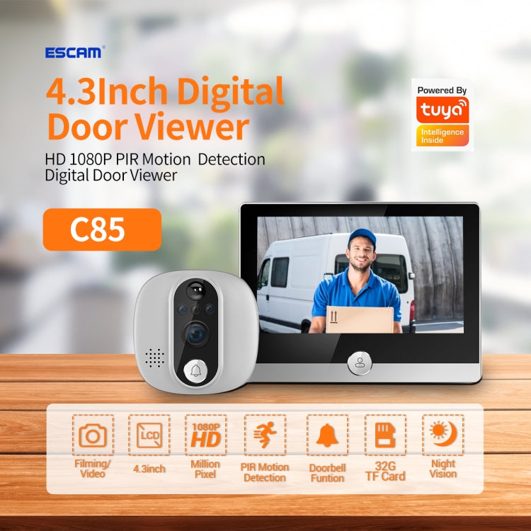 ESCAM C85 1080P 4.3 inch Smart WIFI Digital Door Viewer Supports Wide-Angle PIR & Night Vision & Dingdong Photo(White) - free shipping - PMC TechLife - Order now!