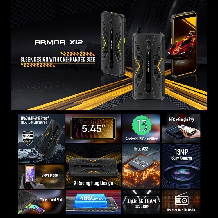 Ulefone Armor X12, 3GB+32GB, Rugged Phone, Face Unlock, 5.45 inch Android 13 Go MediaTek Helio A22 Quad Core, Network: 4G, NFC(All Black) - free shipping - PMC TechLife - Order now!