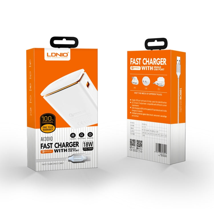 LDNIO A1301Q 2 in 1 18W QC3.0 USB Interface Travel Charger Mobile Phone Charger with Type-C / USB-C Data Cable, EU Plug - free shipping - PMC TechLife - Order now!