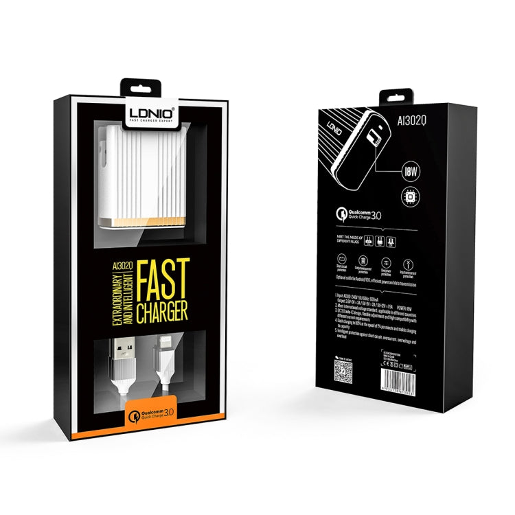 LDNIO A1302Q 2 in 1 18W QC3.0 USB Interface Grid Shape Travel Charger Mobile Phone Charger with 8 Pin Data Cable, US Plug - free shipping - PMC TechLife - Order now!