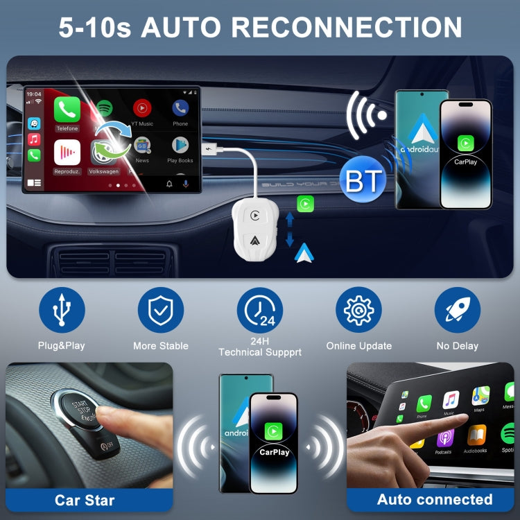 THT-020-9 USB + USB-C / Type-C Wired to Wireless Carplay / Android Auto Adapter(White) - free shipping - PMC TechLife - Order now!