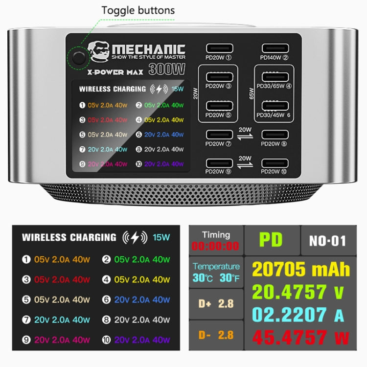Mechanic X-Power Series Multiport Digital Display USB Charger Station with Wireless Charging, Total Power:300W(EU Plug) - free shipping - PMC TechLife - Order now!