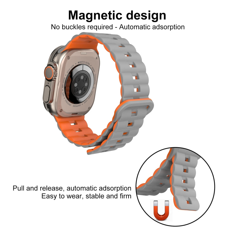 For Apple Watch Ultra 49mm Reverse Buckle Two Color Magnetic Silicone Watch Band(Black+Orange) - free shipping - PMC TechLife - Order now!