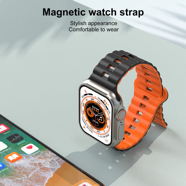 For Apple Watch Ultra 49mm Reverse Buckle Two Color Magnetic Silicone Watch Band(Black+Orange) - free shipping - PMC TechLife - Order now!