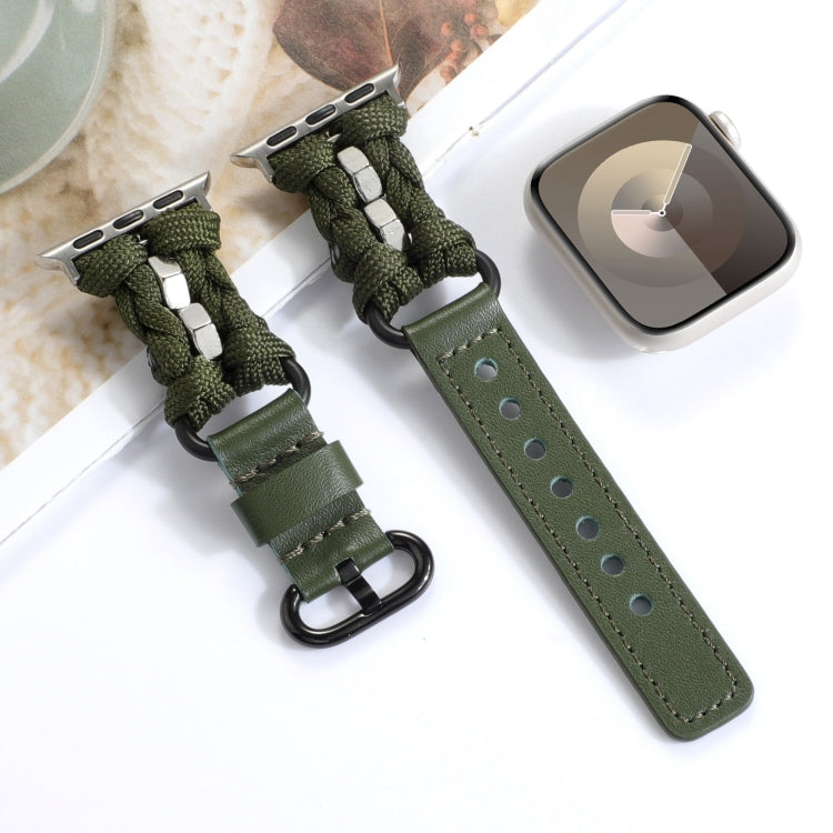 For Apple Watch Series 9 45mm Paracord Genuine Leather Watch Band(Army Green) - free shipping - PMC TechLife - Order now!