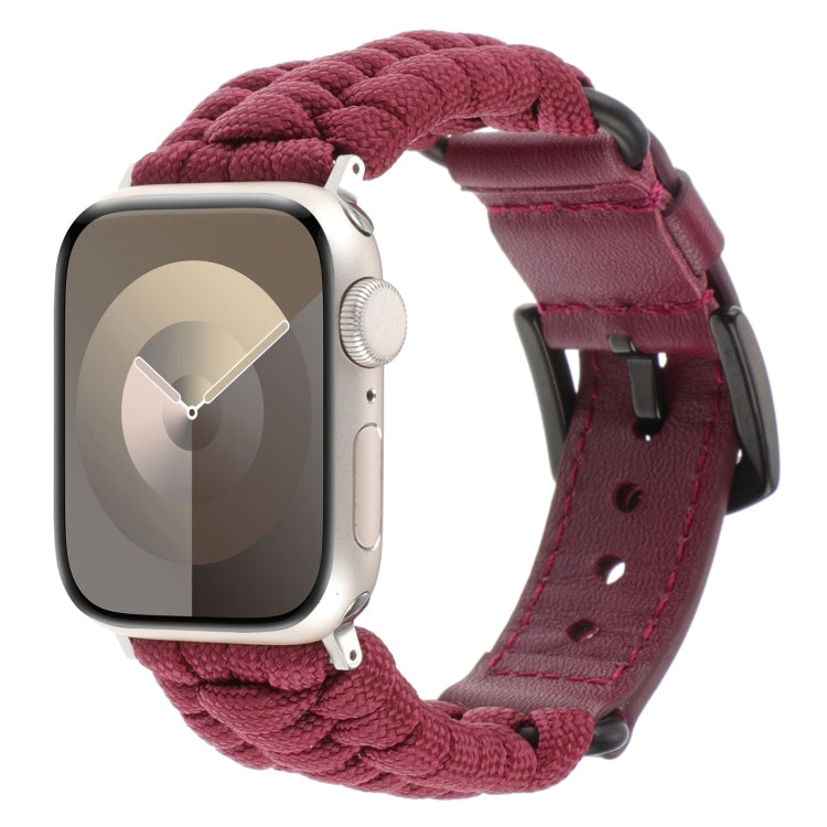 For Apple Watch Series 8 41mm Plain Paracord Genuine Leather Watch Band(Wine Red) - Watch Bands by PMC TechLife | Online Shopping South Africa | PMC TechLife