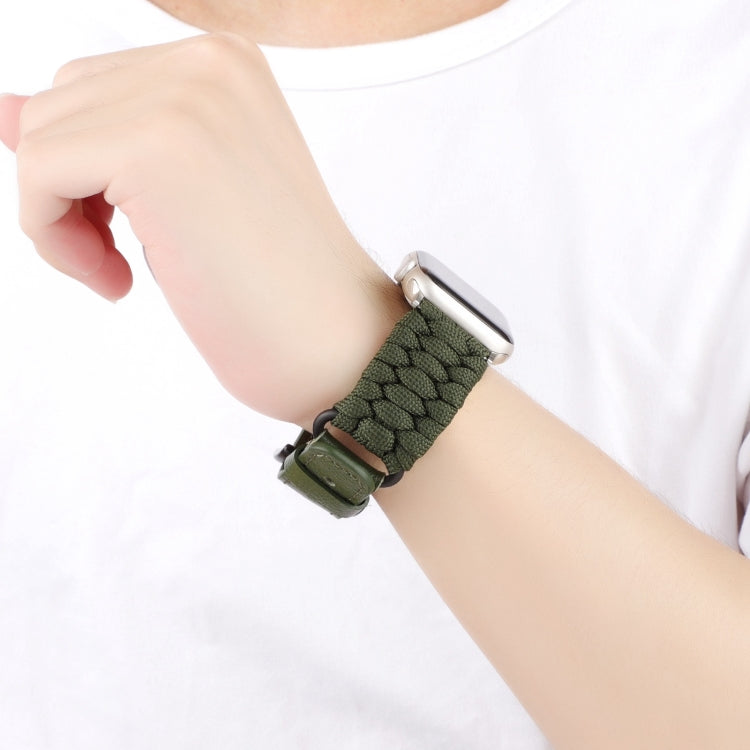 For Apple Watch Series 4 44mm Plain Paracord Genuine Leather Watch Band(Army Green) - Watch Bands by PMC TechLife | Online Shopping South Africa | PMC TechLife