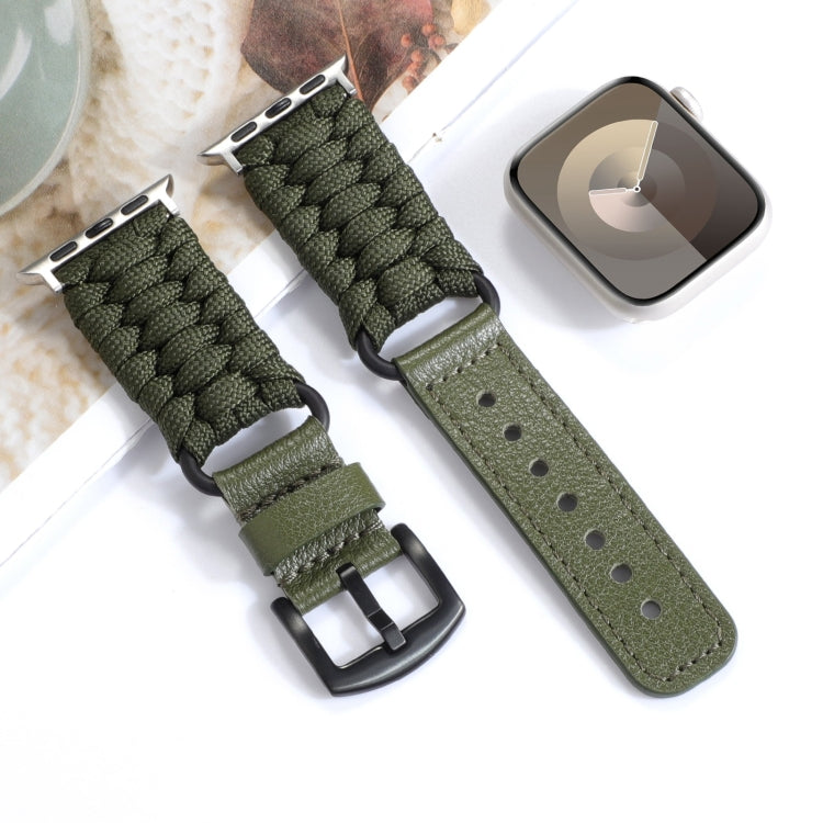 For Apple Watch Series 4 40mm Plain Paracord Genuine Leather Watch Band(Army Green) - Watch Bands by PMC TechLife | Online Shopping South Africa | PMC TechLife