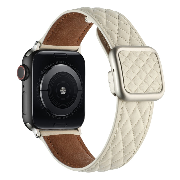 For Apple Watch Ultra 49mm Rhombus Pattern Magnetic Square Buckle Leather Watch Band(Creamy White) - free shipping - PMC TechLife - Order now!