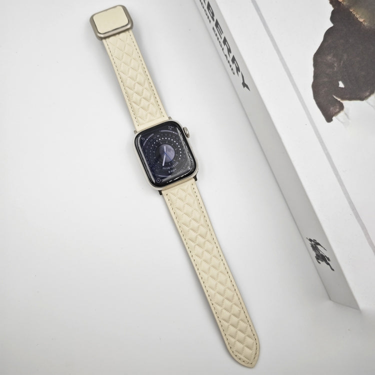 For Apple Watch Ultra 49mm Rhombus Pattern Magnetic Square Buckle Leather Watch Band(Creamy White) - free shipping - PMC TechLife - Order now!