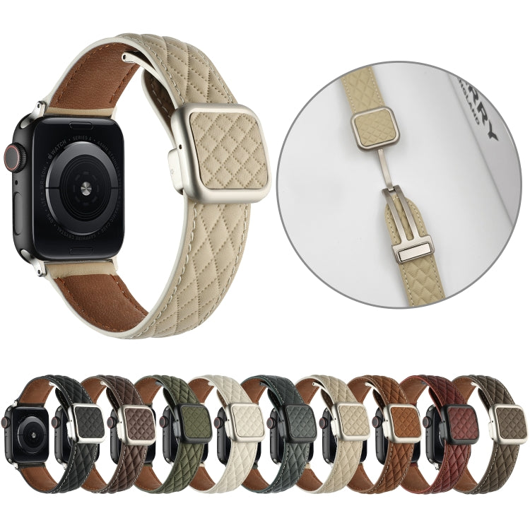 For Apple Watch SE 2022 44mm Rhombus Pattern Magnetic Square Buckle Leather Watch Band(Army Green) - free shipping - PMC TechLife - Order now!