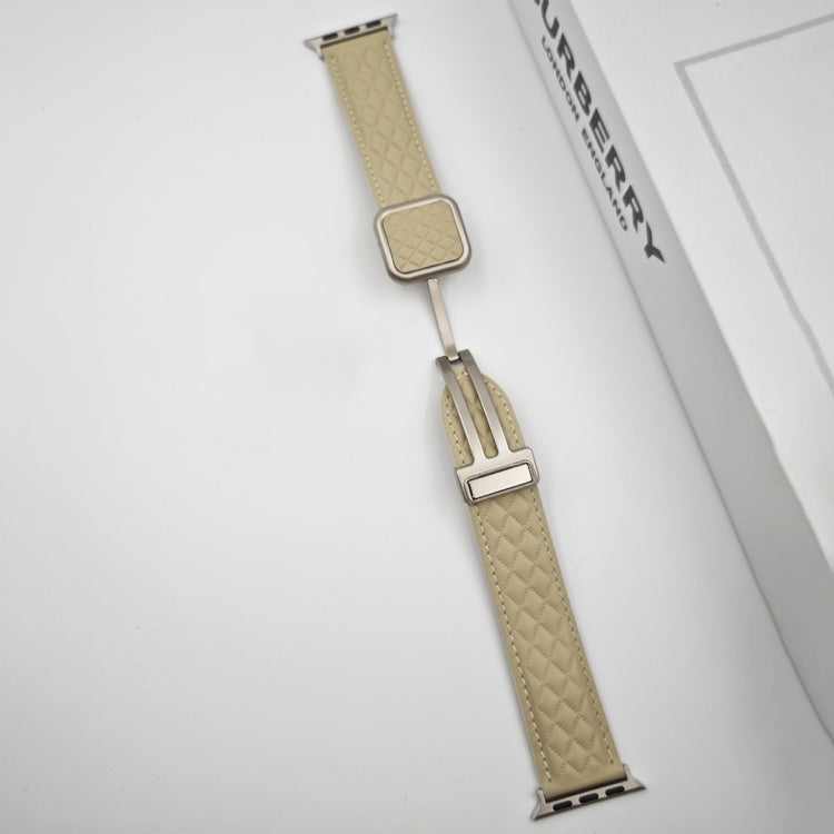 For Apple Watch Series 3 42mm Rhombus Pattern Magnetic Square Buckle Leather Watch Band(Creamy White) - free shipping - PMC TechLife - Order now!
