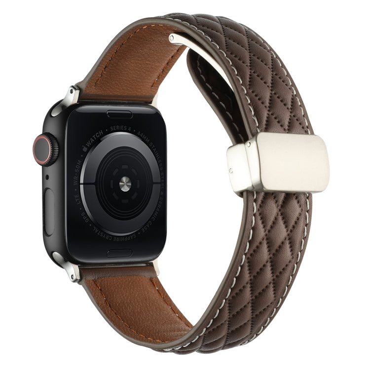 For Apple Watch Series 9 41mm Rhombus Pattern Magnetic Folding Buckle Leather Watch Band(Dark Coffee) - free shipping - PMC TechLife - Order now!
