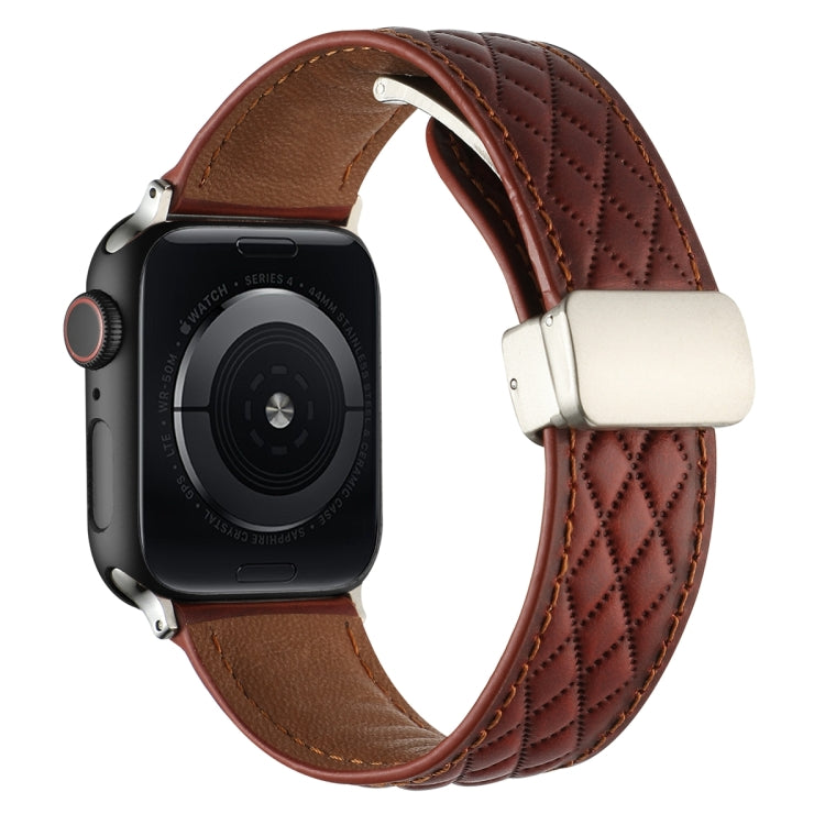 For Apple Watch Series 7 41mm Rhombus Pattern Magnetic Folding Buckle Leather Watch Band(Red) - Watch Bands by PMC TechLife | Online Shopping South Africa | PMC TechLife | Buy Now Pay Later Mobicred