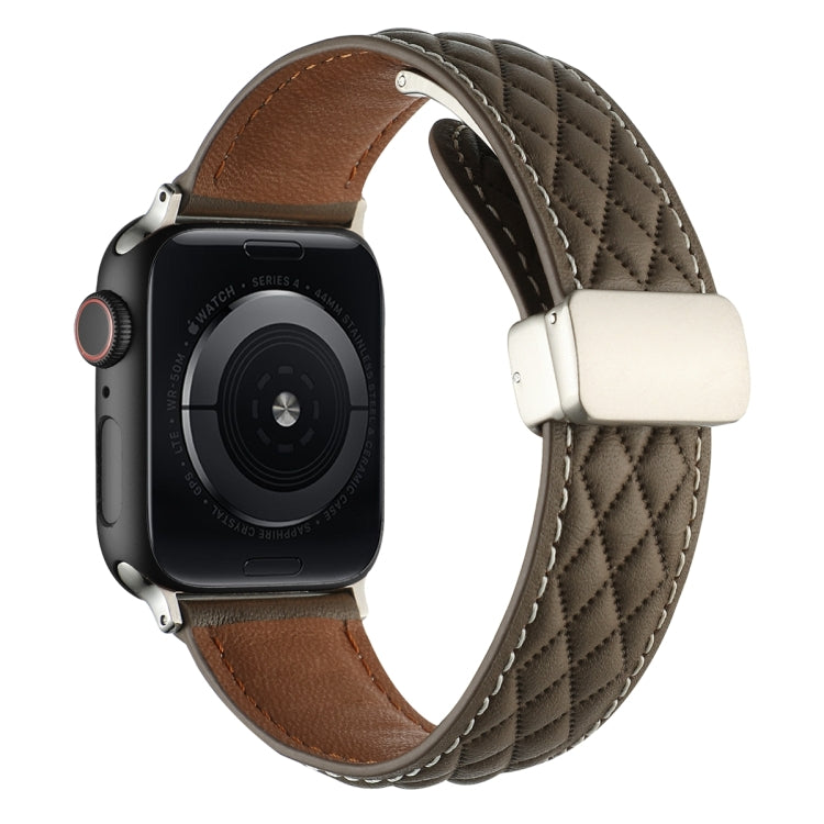 For Apple Watch Series 7 45mm Rhombus Pattern Magnetic Folding Buckle Leather Watch Band(Brown) - Watch Bands by PMC TechLife | Online Shopping South Africa | PMC TechLife | Buy Now Pay Later Mobicred