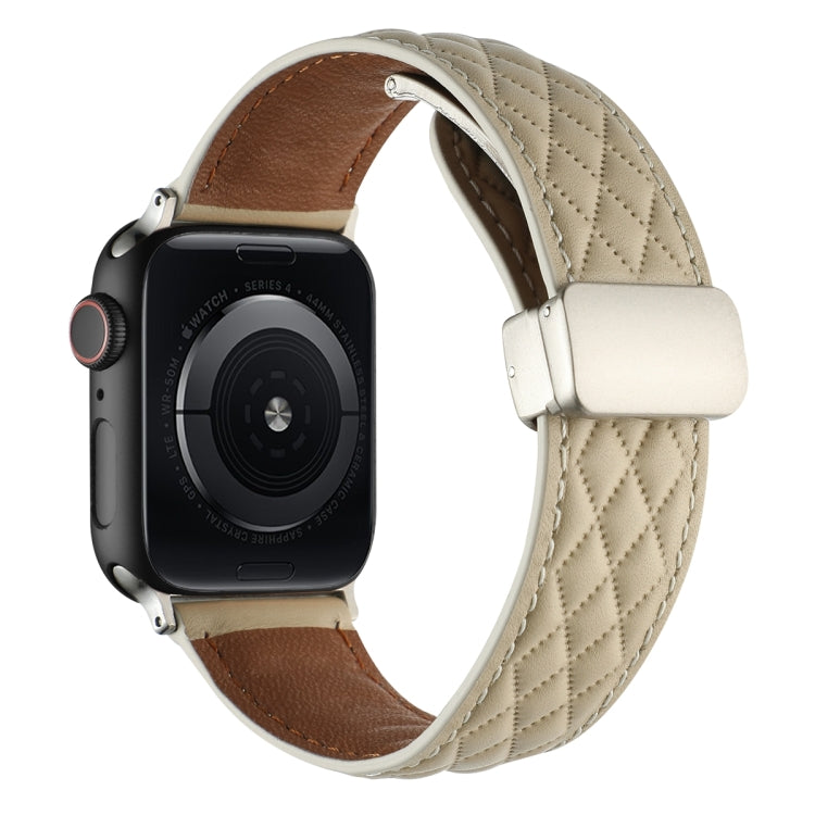 For Apple Watch SE 40mm Rhombus Pattern Magnetic Folding Buckle Leather Watch Band(Starlight Color) - free shipping - PMC TechLife - Order now!