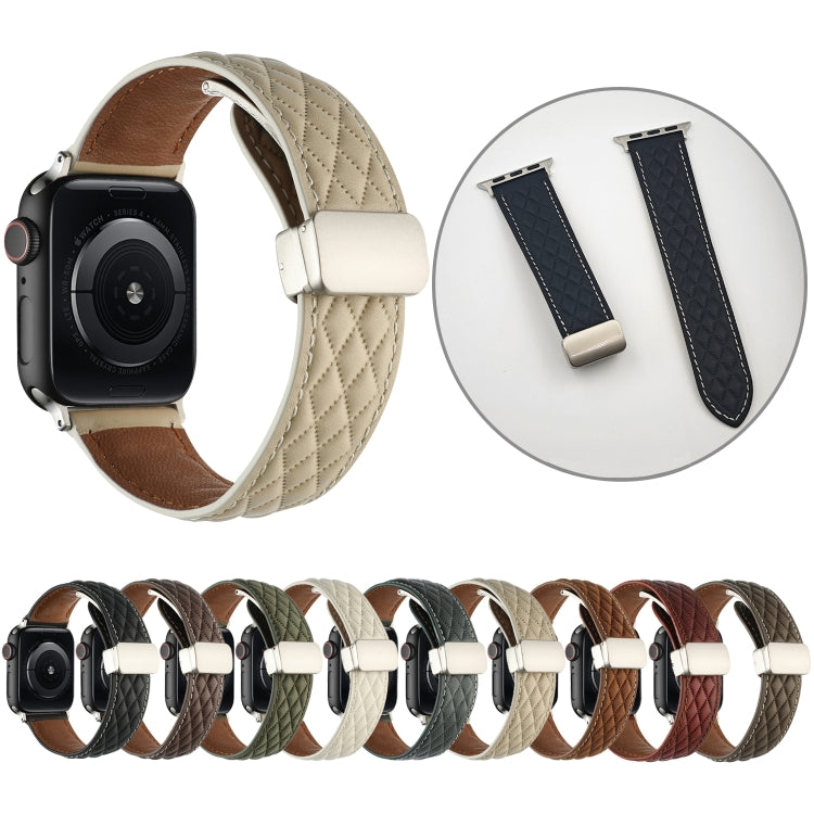 For Apple Watch SE 2022 44mm Rhombus Pattern Magnetic Folding Buckle Leather Watch Band(Red) - free shipping - PMC TechLife - Order now!