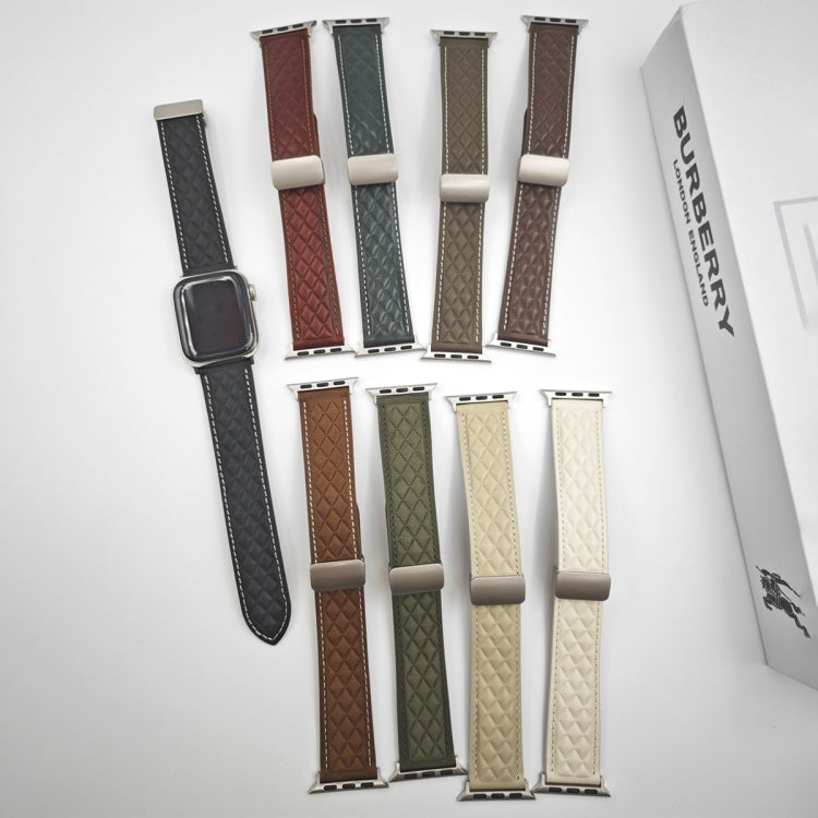 For Apple Watch Series 9 41mm Rhombus Pattern Magnetic Folding Buckle Leather Watch Band(Dark Coffee) - free shipping - PMC TechLife - Order now!