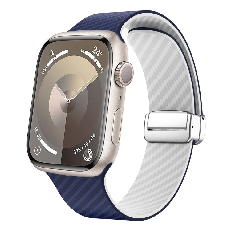 For Apple Watch SE 2022 44mm Carbon Fiber Magnetic Silver Buckle Watch Band(Royal Blue White) - free shipping - PMC TechLife - Order now!