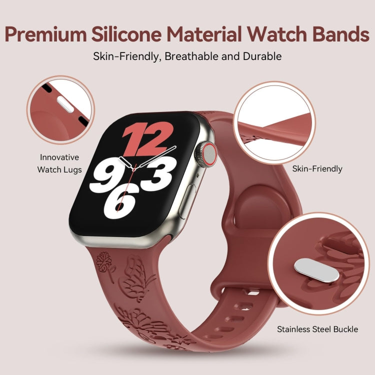 For Apple Watch Series 7 41mm Butterfly Flower Embossed Silicone Watch Band(Brick Red) - Watch Bands by PMC TechLife | Online Shopping South Africa | PMC TechLife